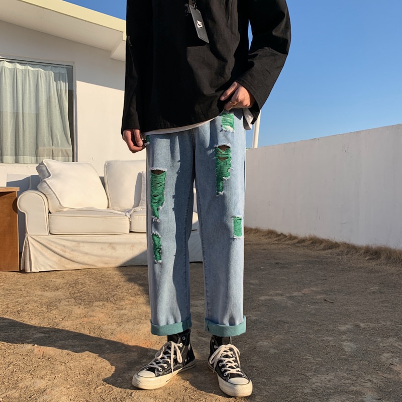 Ripped jeans herre kontrastfarve afslappet hul jeans bukser mænd streetwear løs hip hop straight denim bukser herre