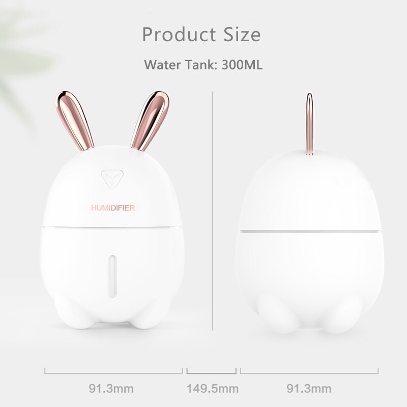 Car Humidifier 300ML Cute Rabbit USB Aroma Essential Ultra-Silent LED Night Lamp Air Purifier Mist Maker Air Fresher For car
