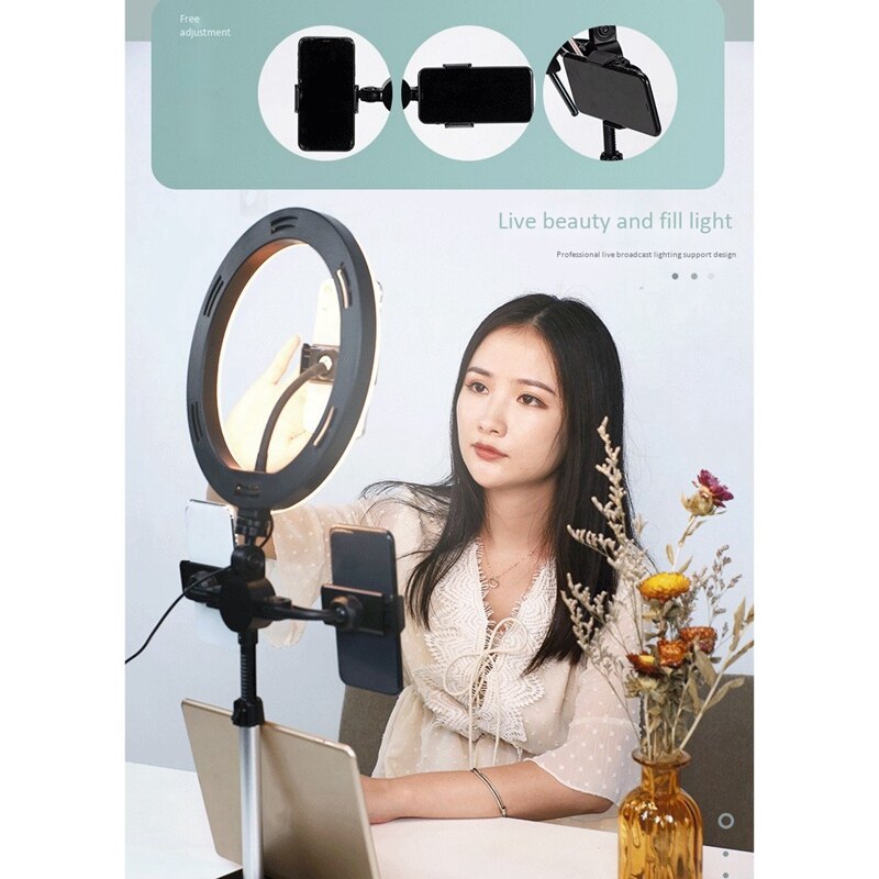 Mobile Phone Live Broadcast Stand Tablet Desktop Three-Position Retractable Holder with 10-Inch Ring Light