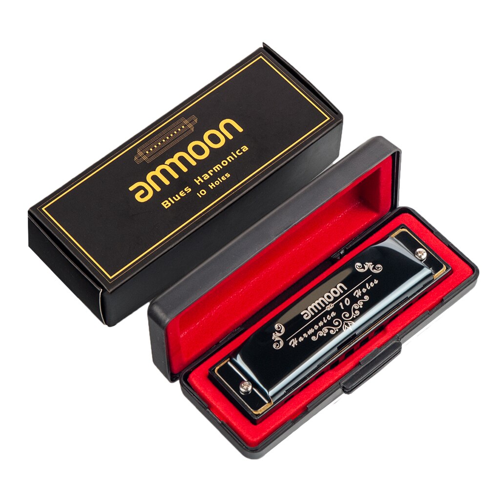 Ammoon 10 hull 20 toner blues munnspill munn orgel key of c med oppbevaringsboks for barn nybegynnere studenter musikal: Svart