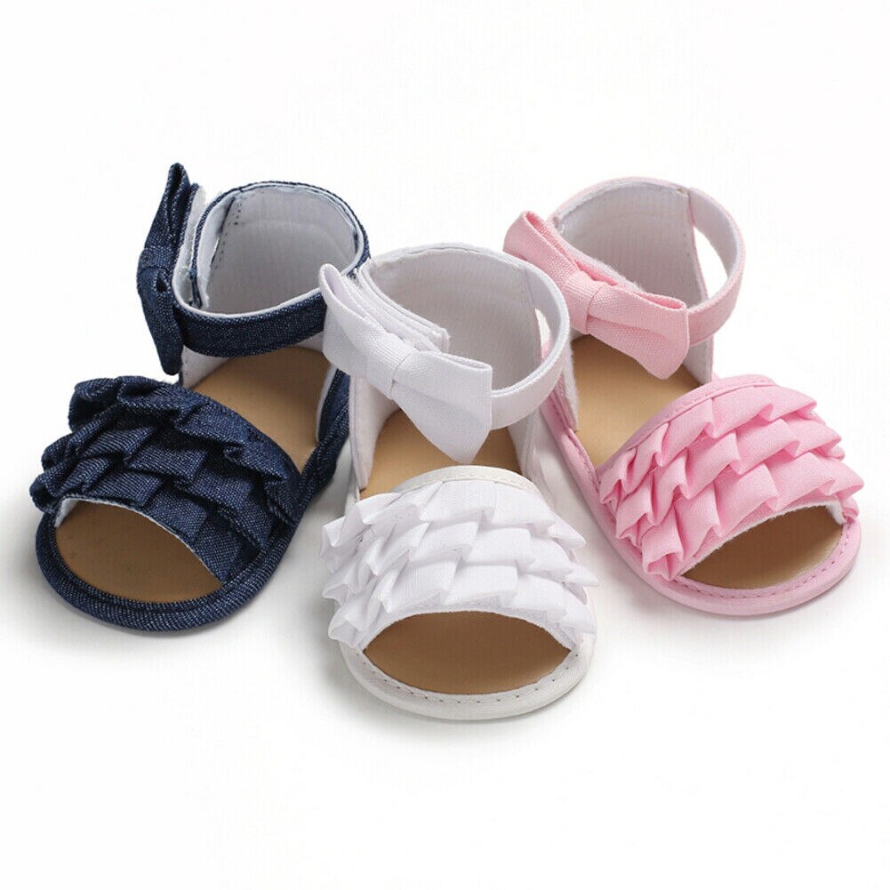 Cute Summer Baby Girls Sandals Ruffle Solid Casual Canvas Toddler Baby Girls Soft Crib Bow Shoes Princess Shoes Clogs