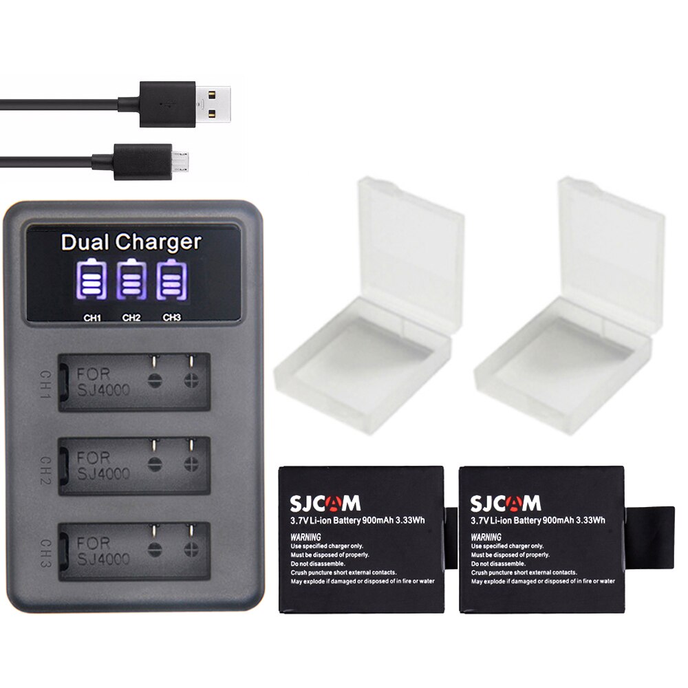 Batería Para SJCAM 5000 sj 7000 sj 4000, batería eken sj5000 sj6000 sj7000 SJ8000 SJ9000 M10, baterías + SJ4000 LCD, 3 lotes de carga: 2batteries charger