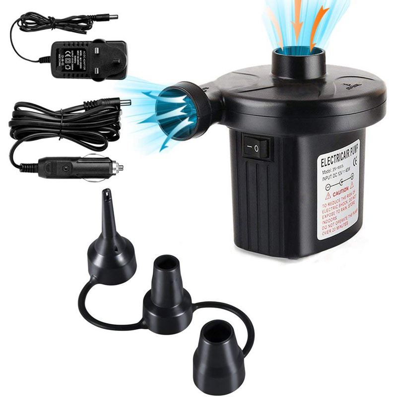 Uk plug elektrische luchtpomp tweeweg luchtpomp met 3 sproeiers , 220v ac /12v dc 2 in 1 draagbare luchtbedpomp universele elektrische