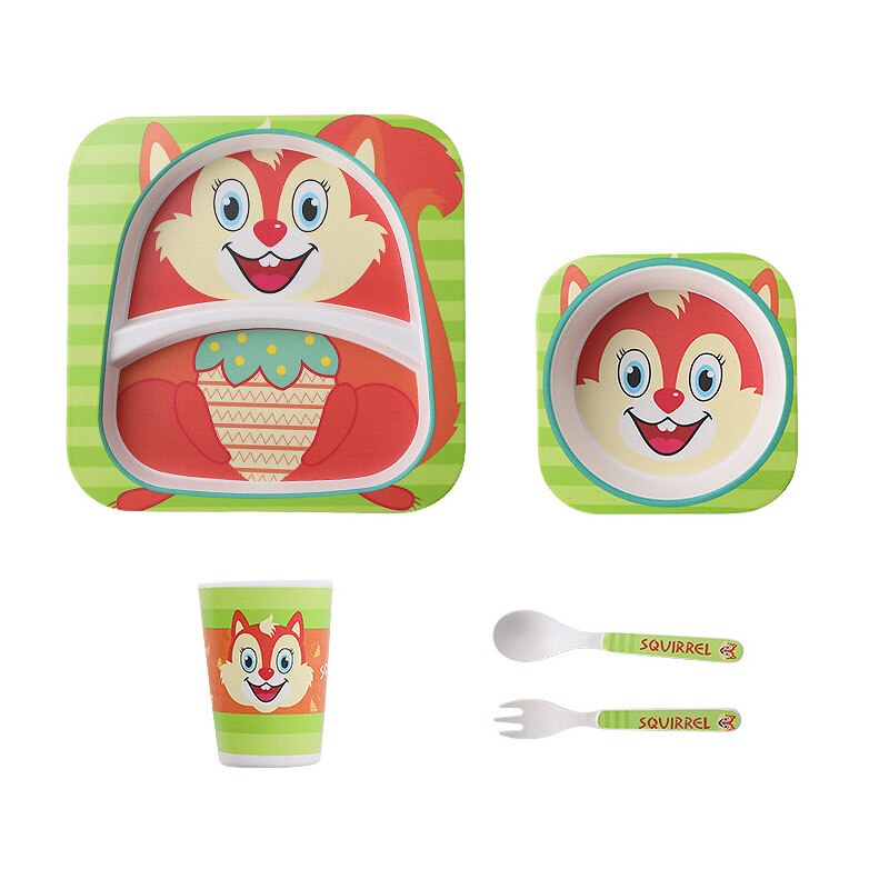 5pcs/set Animal Zoo Baby Plate Bow Cup Forks Dinnerware Feeding Set 100% Bamboo Fiber Baby Children Tableware Set: squirrel