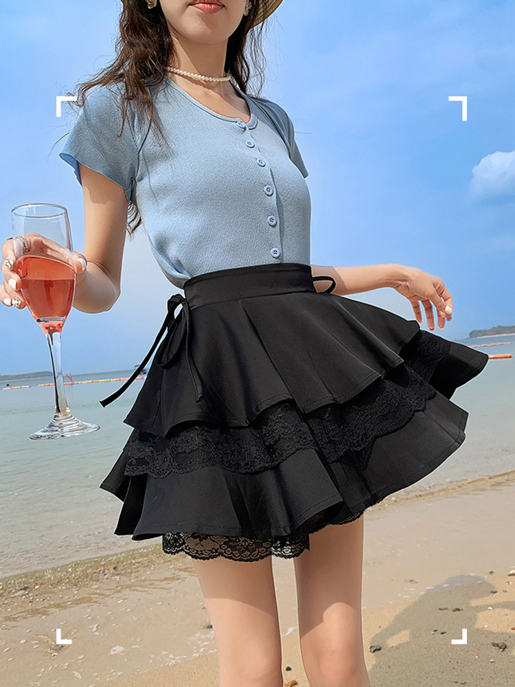 Falda corta de encaje de retazos negros para mujer, falda tipo pastel con cordones, cintura alta, estilo Preppy, bonito vestido de baile, faldas Kawaii para niñas: XL / Negro