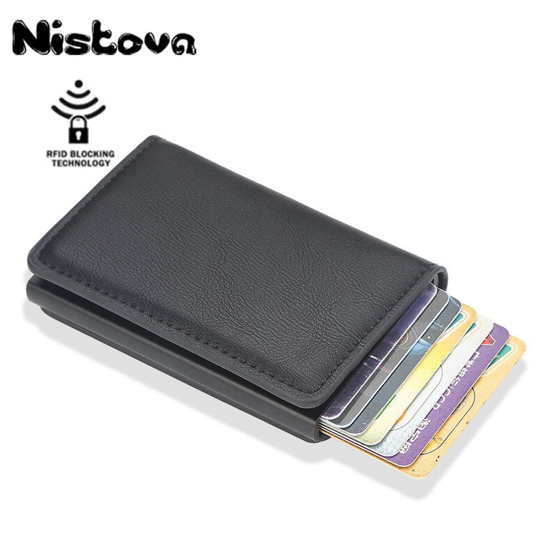 Nistova PU Leather Automatic Pop-up Business Card Card Holder RFID Vintage Aluminium Box Metal Crazy Horse Wallet Steel Wallet