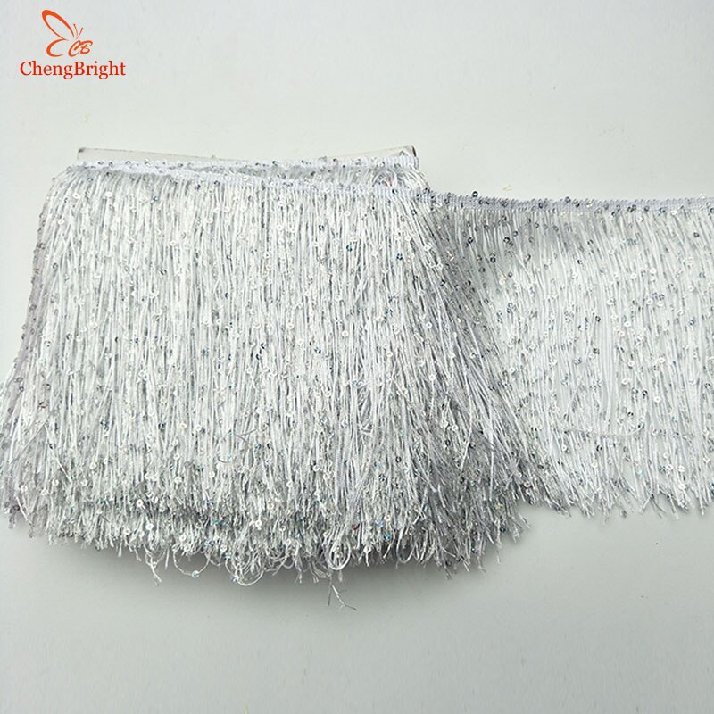 Chengbright 1 yard 20cm brede pailletter blonder frynser trim kvast frynser trimning til latinsk kjole scenetøj tilbehør kvast diy: Hvid