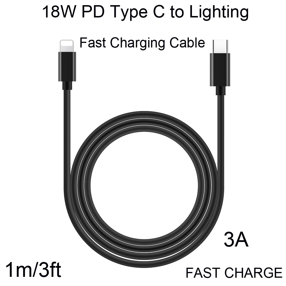 Câble rond USB 18W PD de Type C à 8 broches pour recharge rapide et synchronisation des données, cordon de chargeur pour iPhone X, 10, 8, 8 plus, 1m