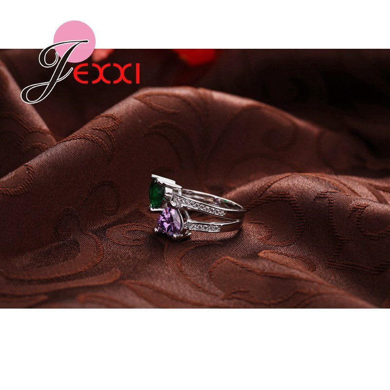 Moda criativa jóias anel oco romântico duplo coração roxo verde cz cristal anéis de festa de casamento feminino