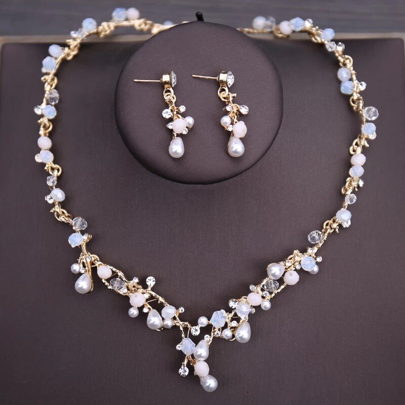 Luxus Kristall Perlen Perle Schmetterling Kostüm Schmuck Sets Floral Strass Halsband Halskette Ohrringe Tiara Hochzeit Schmuck Set: 2 jewelry gold