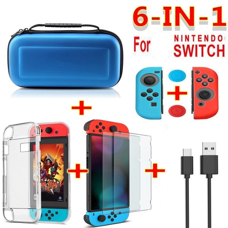 Set di accessori di gioco 6 in 1 nero rosso blu per nintendo Switch borsa da viaggio custodia protettiva per schermo cavo di ricarica: Blu