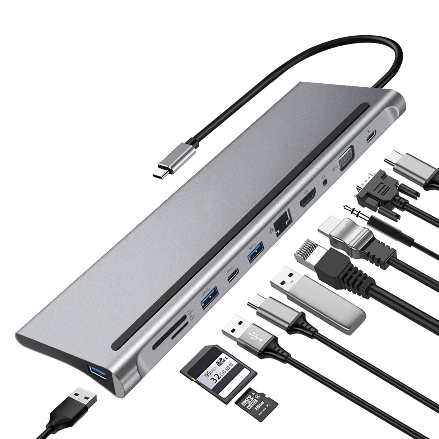 Station d&#39;accueil pour ordinateur portable 11 en 1, adaptateur de station d&#39;accueil de Type c à double HDMI/VGA/USB 3.0/PD/RJ/micro-sd/TF, jusqu&#39;à 87W