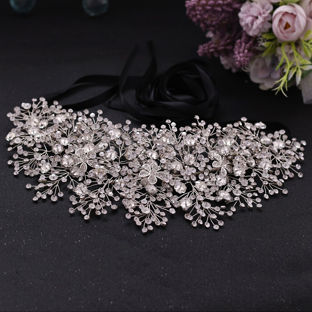 Trixy sh240 acessórios de vestido de casamento prata strass cintos para as mulheres floral faixa nupcial acessórios para vestido de noite: black ribbon