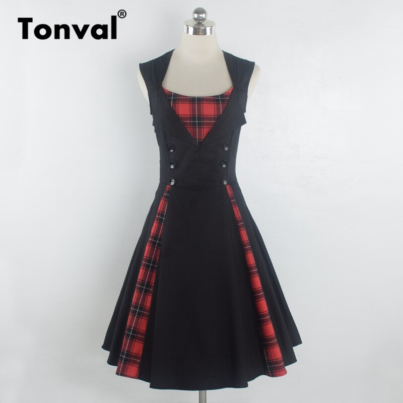 Tonval plaid vintage rød tunika sommerkjole kvinder knap pinup piger 1950s kjole bomuld plus størrelse retro kjoler