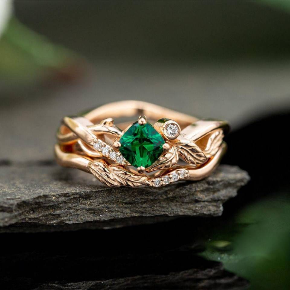 Huitan – bague de fiançailles motif plante romantique, anneau irrégulier avec pierre de Zircon cubique verte gémétrique, de bande de feuilles fraîches, tendance: 7