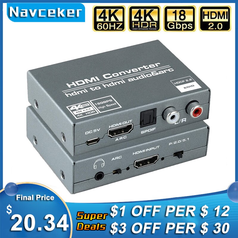Navceker Hdmi 2.0 Audio Extractor Hdmi Naar Rca 4K 60Hz YUV4:4:4 Hdr Hdmi Audio Converter Adapter 4K Hdmi Naar Optische Toslink Spdif