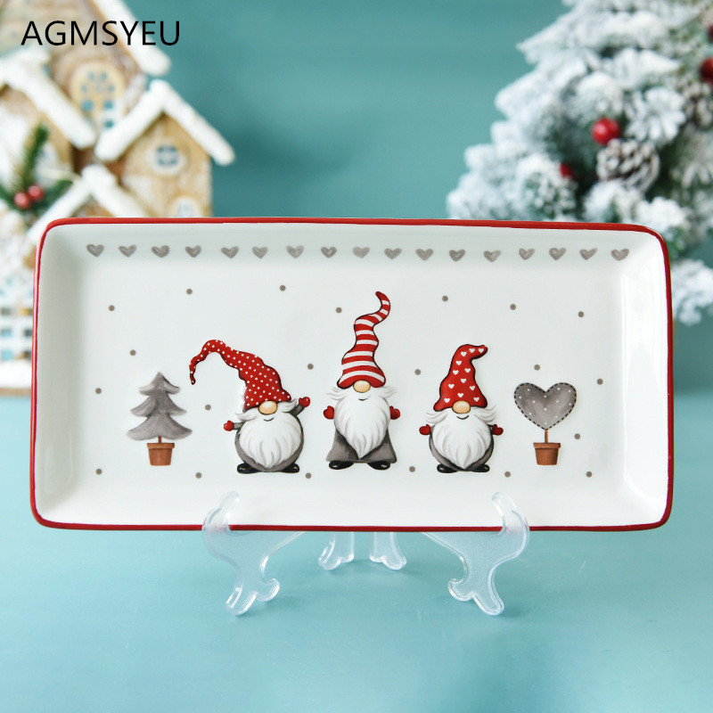 Nordic rectangular Christmas ceramic flat plate kitchen tableware embossed shallow plate western steak plate