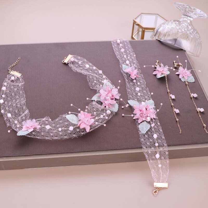 Nuovo Stile Coreano Dolce Fiori Rosa Hairband impostato Orecchino di Goccia Del Merletto Lungo Garza Fata fascia Da Sposa Da Cerimonia Nuziale Della Sposa Insieme Dei Monili