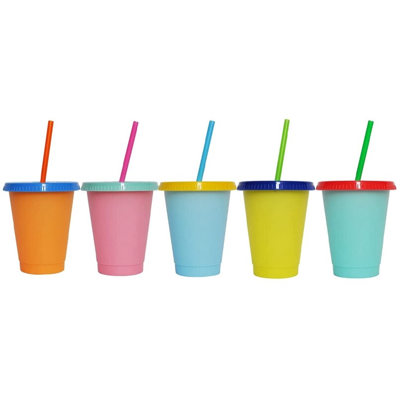 Color Changing Cup, Plastic Cup, Reusable Plastic Cup, Color Changing Cup, Plastic Cup With Cover And Straw,5 Pieces