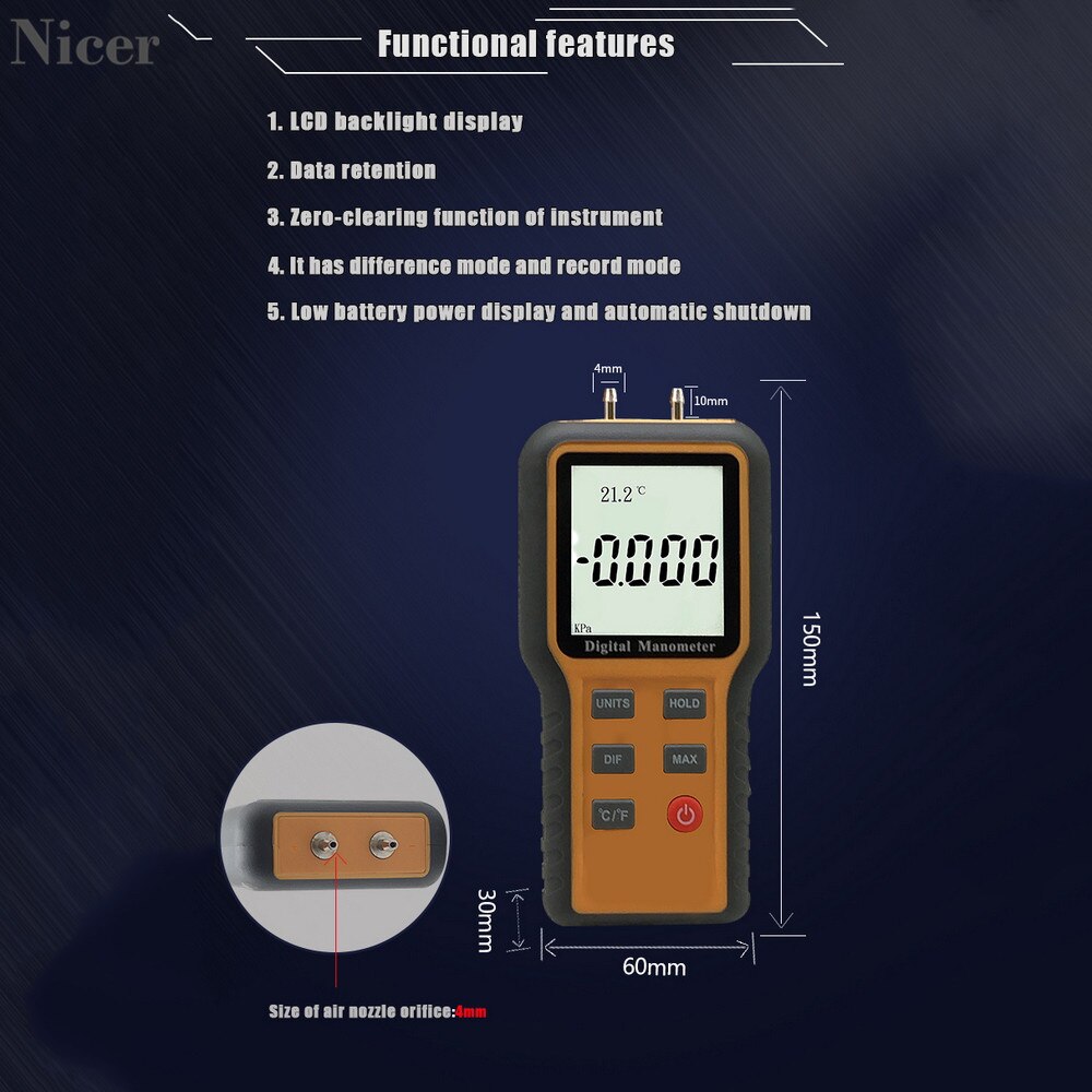 Manometer Gas Pressure Tester Digital Air Pressure Meter Differential Gauge HVAC Gas Tester 12 Selectable Units Of Measure