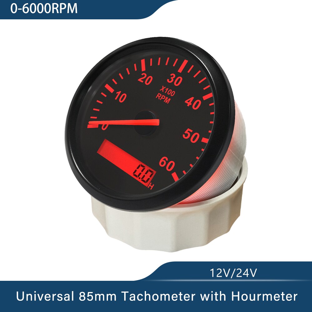 3-8K RPM Tachometer Gauge Tach Sensor REV Counter with Hour Meter 85mm Gasoline Diesel 12V 24V Red Backlight Waterproof