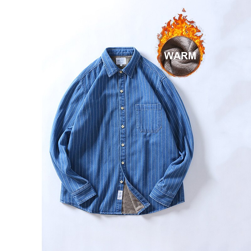 Brand Winter Denim Striped Shirt 100% Cotton Long Sleeves Casual Simple Comfortable Warm Bottoming Shirt