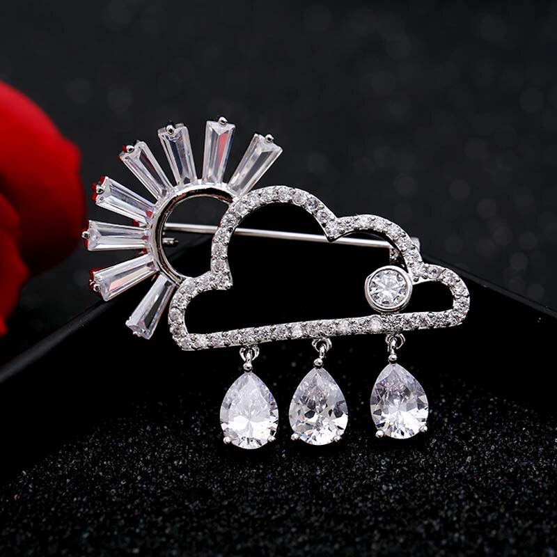 RED TREES Brooch Pin - Men's Cloud & Raindrop - Sterling Silver White Gold Plated