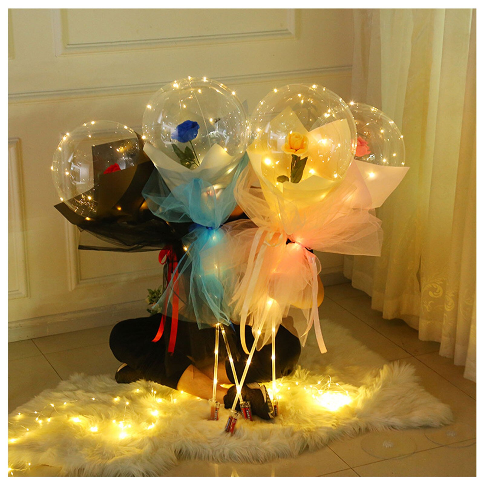 Ballon Led avec poignée et bâtons, lumineux, Transparent, pour Bouquet, décorations de fête d'anniversaire, de mariage