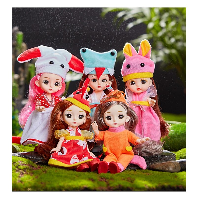16cm Mini Zodiac Dress Up Doll 13 Moveable Jointed Animal Dolls Long Hair Make Up Body Dolls with Dress Toy for Girls