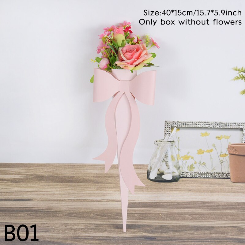 Caja de embalaje de flores con lazo, bolsa de papel portátil para ramo individual, decoración para de cumpleaños y Día de San Valentín, 1/4 piezas: 1pc / B01