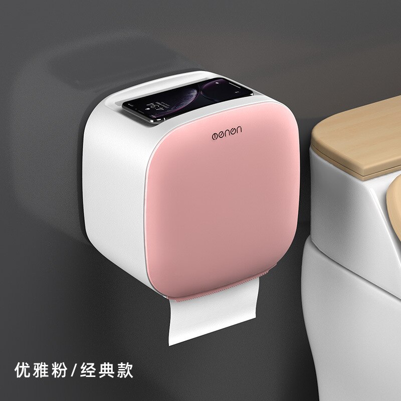 Toilet Paper Holder Waterproof Wall Mount Shelf Tissue Box Toilet Paper Tray Roll Paper Tube Bathroom Storage Box Organizer: Pink B