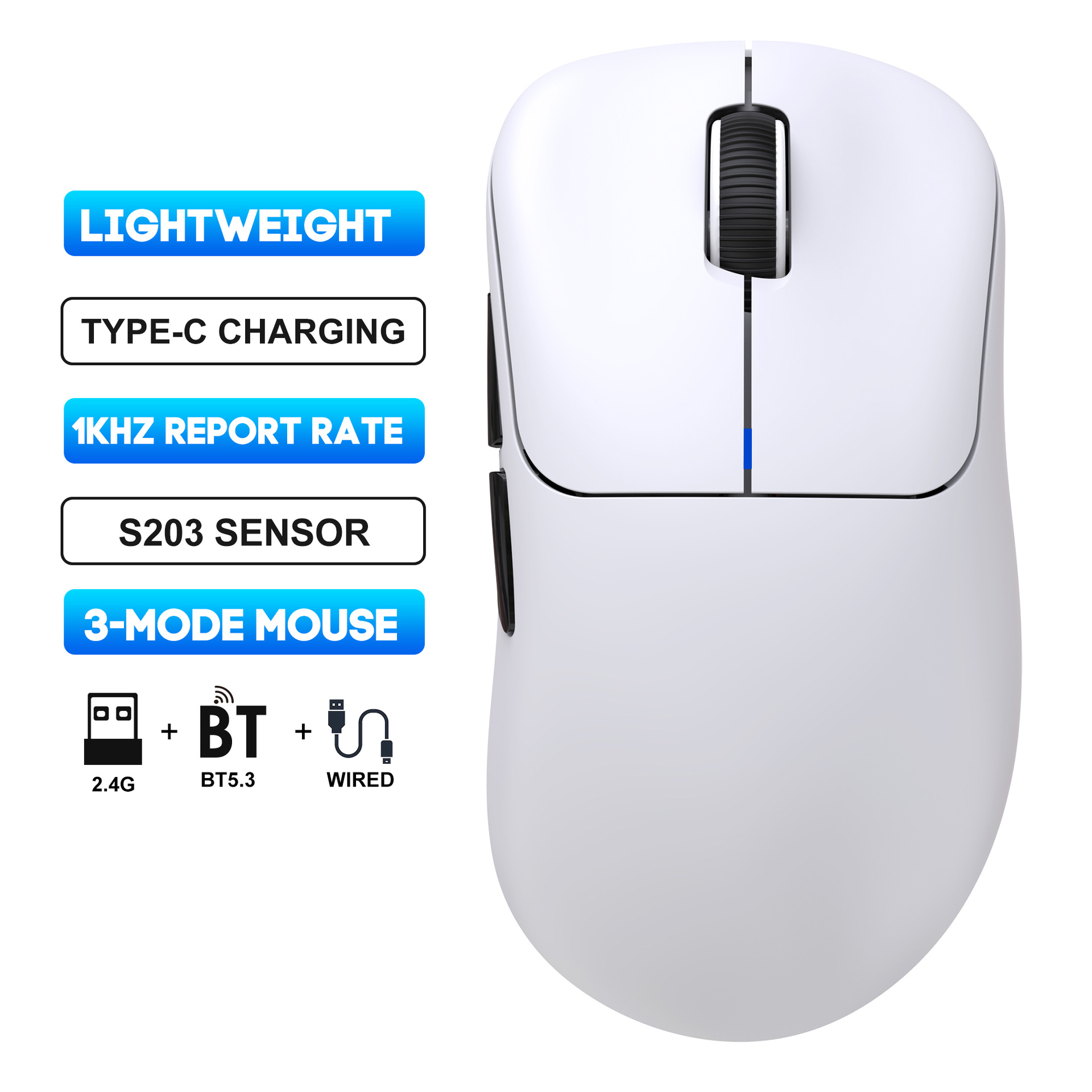 HXSJ T700 Triple-Mode Gaming Mouse - Wired/2.4G Wireless/BT5.3 - 10000DPI Light weight: WHITE