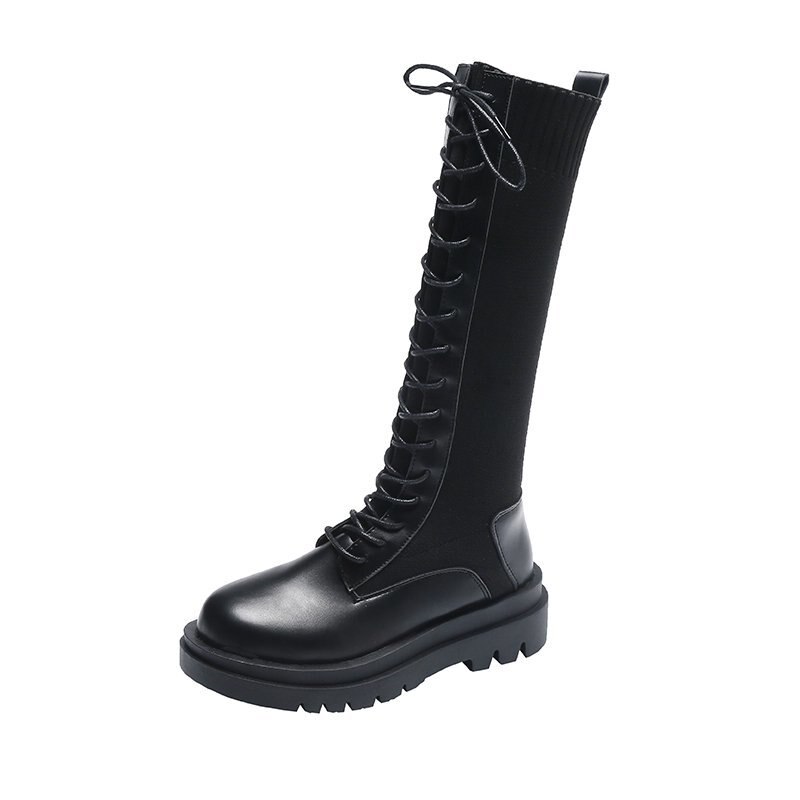 automne femmes tricot tissu élastique genou bottes hautes à lacets plate-forme longues bottes femme PU Patchwork moto Botas Mujer: 38
