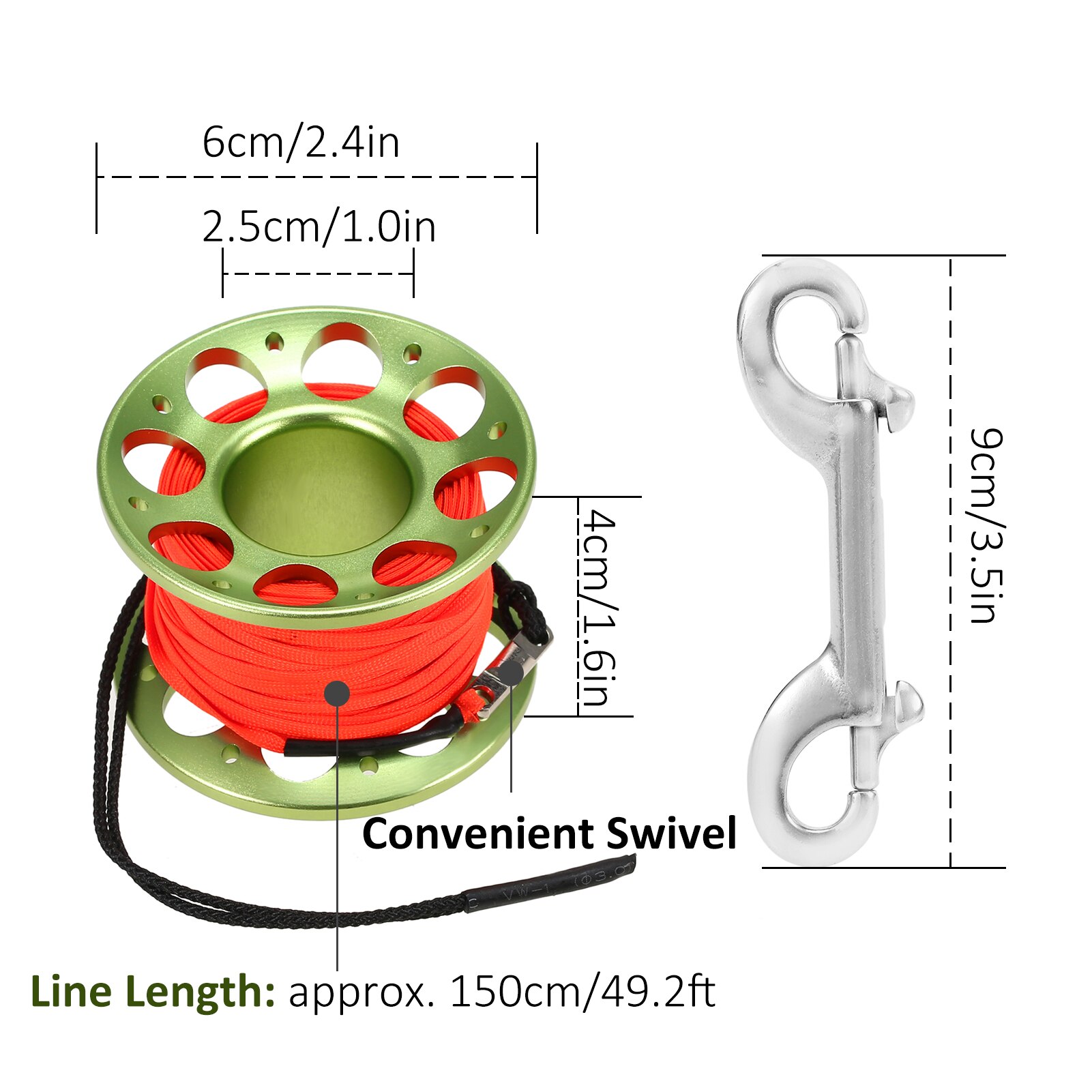 3.9ft Scuba Diving Surface Marker Buoy Float Inflatable Safety Signal Tube Drogue with 49.2ft Line Alloy Finger Spool Reel Clip