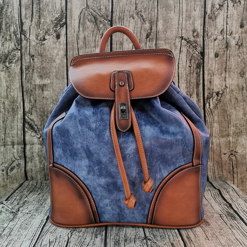 Vintage Lederen Vrouwen Rugzak Luxe Dames Schoudertassen Zachte Lederen Rugzak Vrouwelijke Reizen Rugzak Mochila: Blauw