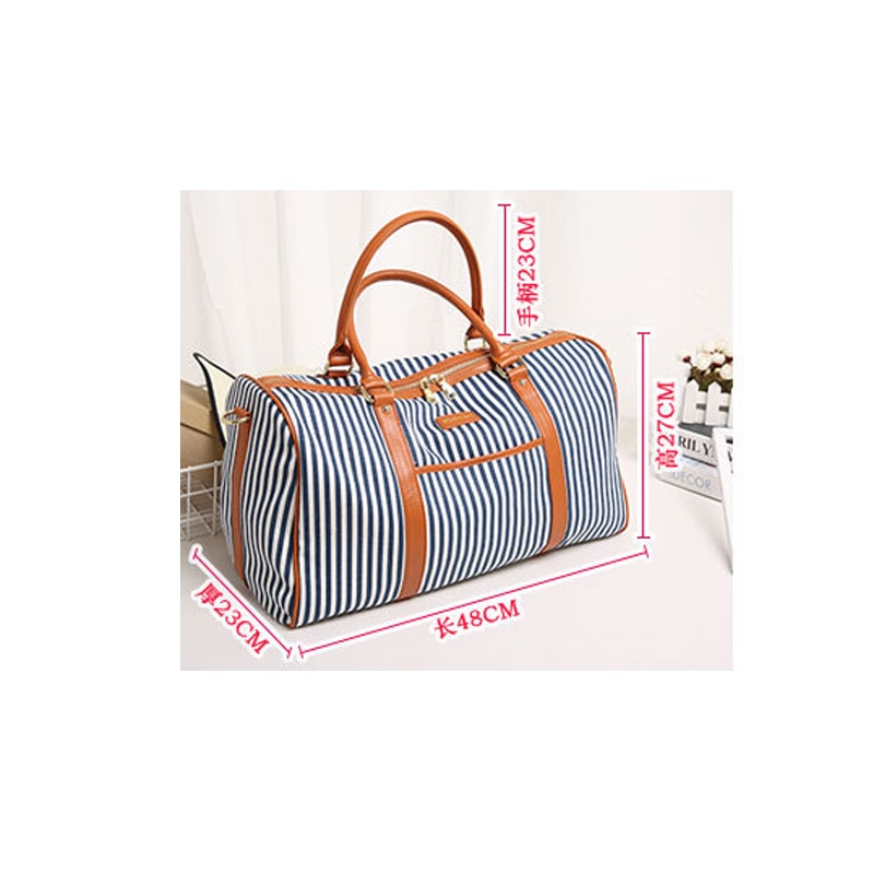 Canvas+PU Leather Women Travel Bag Striped Duffel Tote Large Weekend Bag Female Packing Cubes Suitcase Shoulder Bags
