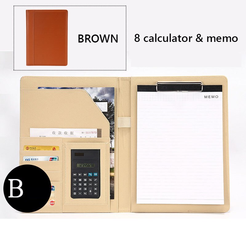 Datei Mappe A4 mit Taschenrechner Multifunktion Datei Papier Organizer Manager dokumentieren Pads Aktentasche Padfolio Tasche Geschäft Lieferungen: BrownB