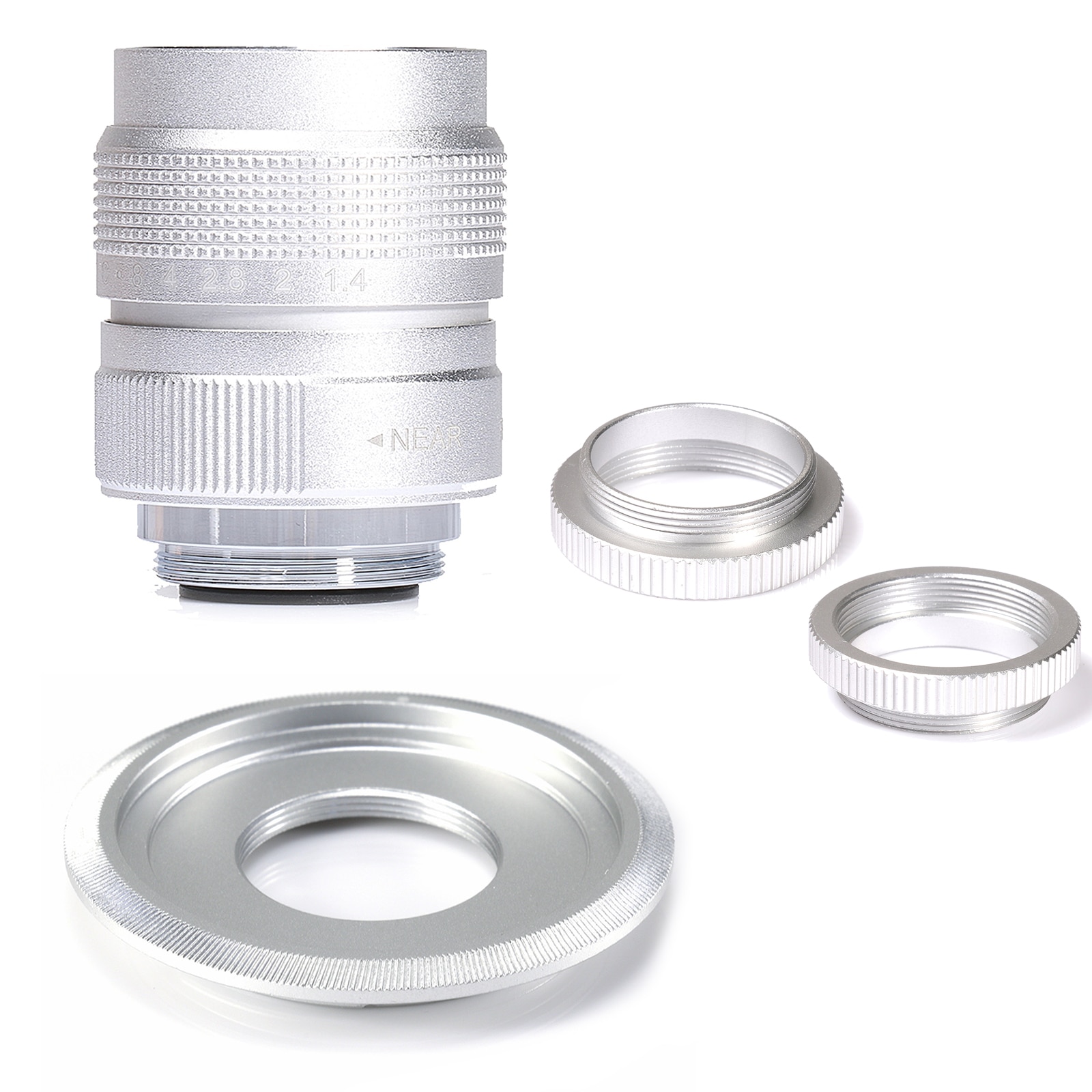 Sølv fujian 25mm f /1.4 aps-c cctv-linse + adapterring +2 makro ring til sony nex mirroless kamera  a5300/a6000/a6300/a7/a7ii/a9