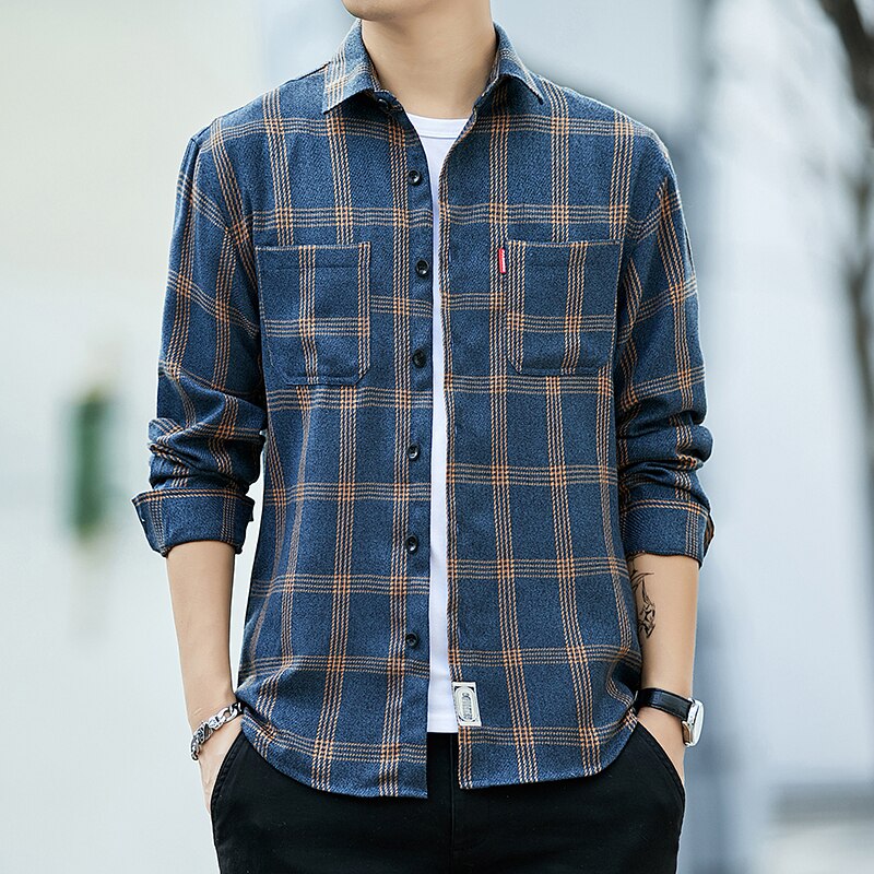 Herr flanell rutig skjorta 100%  bomull vår höst ledig långärmad skjorta mjuk komfort slim fit stilar varumärke man plus size: Gult rutnät / Xl