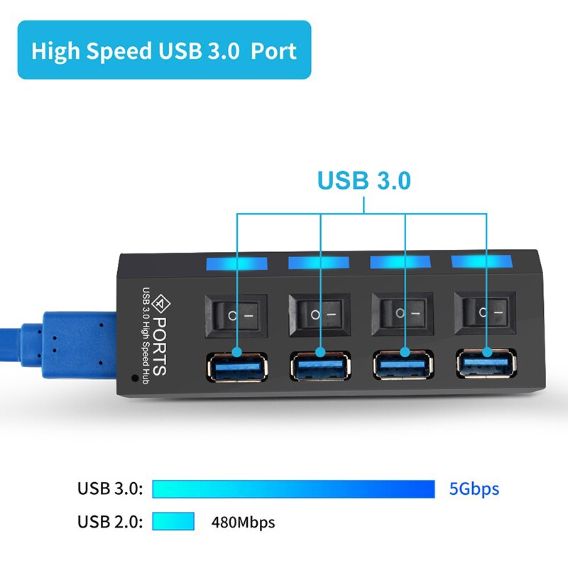 4 portar usb-nav 3.0 äkta usb 3.0- nav höghastighets usb-splitteromvandlare med separat switch usb-adapter 7- portars pc-förlängare