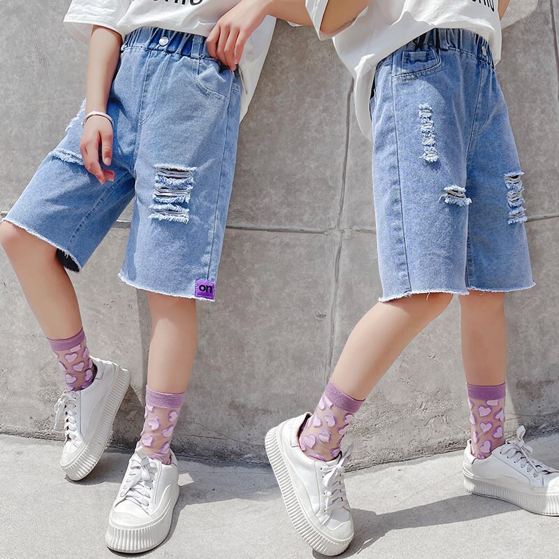 Big Girls Jeans corti in Denim strappati blu bambini pantaloncini elastici in vita pantaloni pantaloni estivi Casual per adolescenti 5 7 8 9 11 12 14 anni