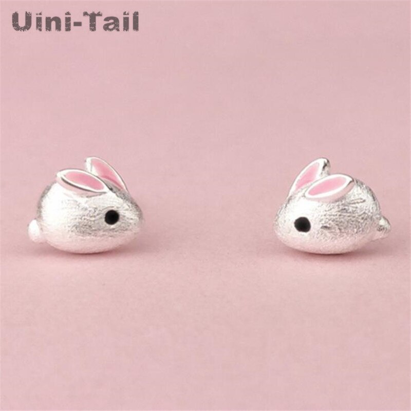 Uini-tail-pendientes de plata de ley 925 con conejo blanco y rosa, joyería fina