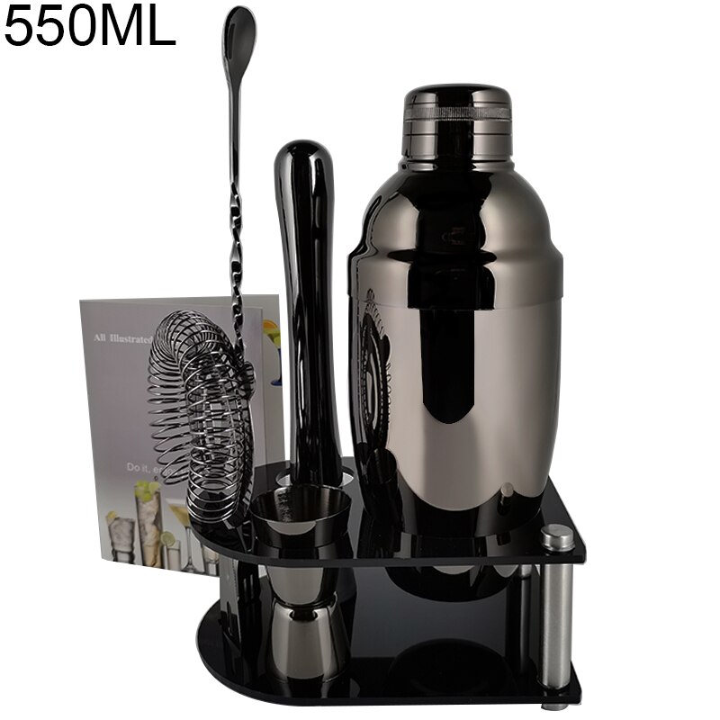 Stainless Steel Cocktail Shaker Set 550/750ml With 15/30ml Measuring Cup Jigger Kit Wine Spoon Strainer Muddler Bar Tools: 7P B 550ML Stand