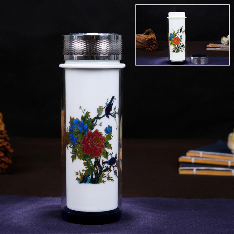 Vintage kinesisk färgförändring glaskeramik termos retro blå vit porslin termos termokopp vakuumkolv tekopp: Vårscen