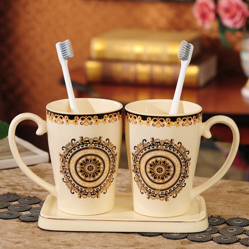 Juego de cerámica para baño, soporte y taza para cepillo de dientes, con bandeja, lavabo, par de cepillos de dientes eléctricos, 4 piezas