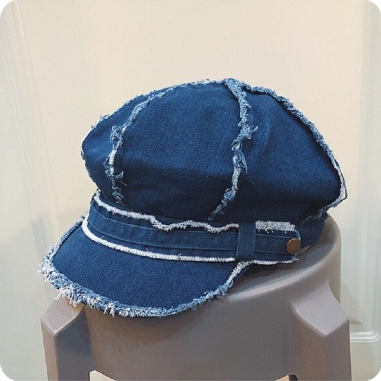 Spring and Autumn Fringed Retro Denim Octagonal Hat with Band Vintage Distressed Peaked Newsboy Cap for Women Tassel Baker Boy: Deep Blue
