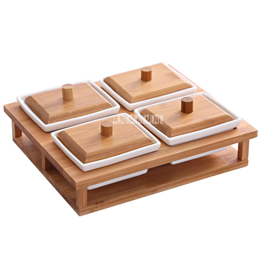 TY6525 Compartment Storage Box Dried Fruit Plate Living Room Tables Ceramic Nuts Boxes Home Food Storage Tanks With Wood Cover