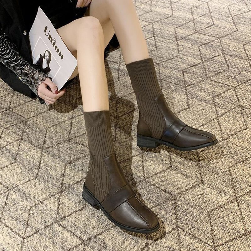 Stretch knitted sock boots women sewing chunky heels mid-calf bottes femme patchwork med high heels riding botas ladies slim leg
