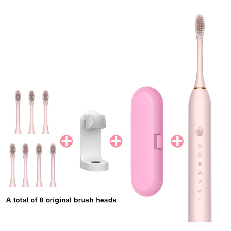 Schall- Elektrische Zahnbürste + Zahn Pinsel Kopf + Reise Kasten + Zahnbürste Halfter Ultra Schall- Automatische USB Aufladbare IPX7 Wasserdicht: Rosa 8 Kopf einstellen