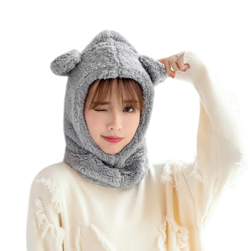 Vrouwen winter pluche warme capuchon muts sjaal schattige cartoon berenoren effen kleur thermische winddichte oorklep muts nekwarmer: Grijs